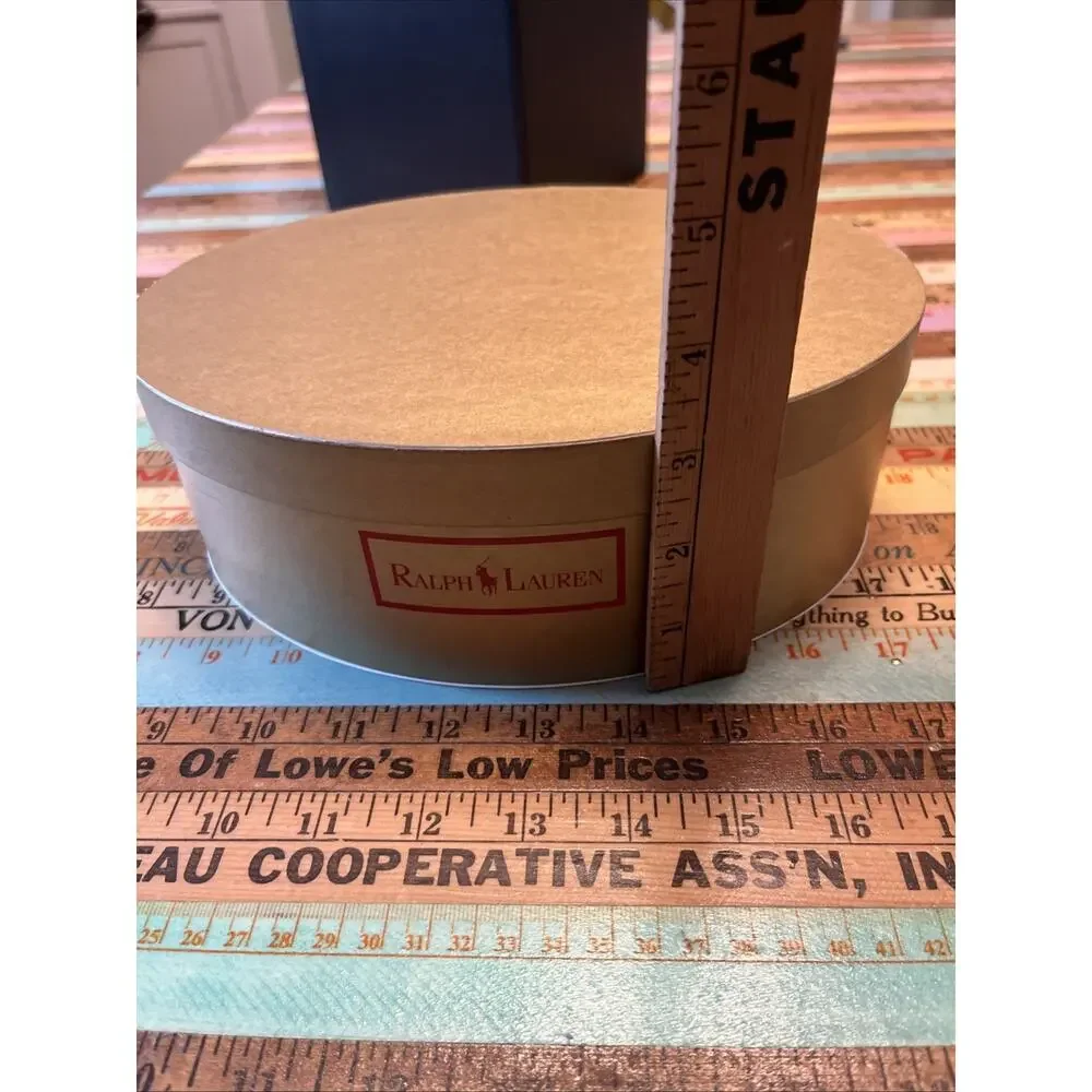 Vintage Ralph Lauren Polo Gold Gift Box Hat Box with Red Lettering Oval Empty
